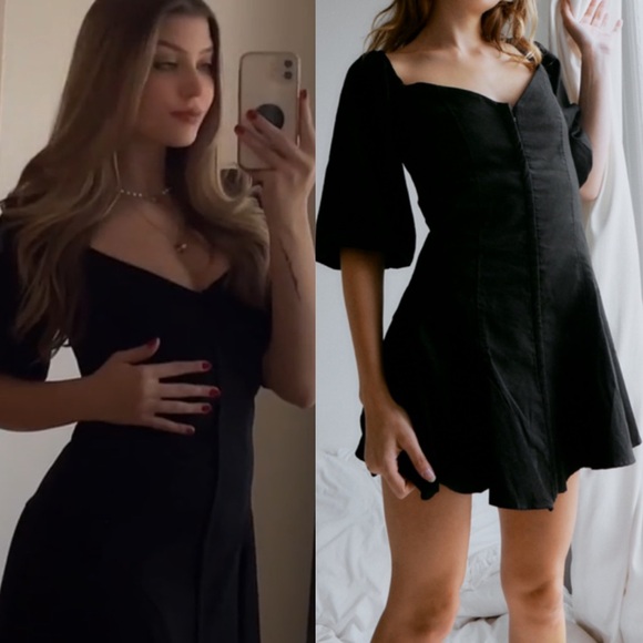 Zara Size S Sweetheart Neckline Puff Sleeve Linen Black Mini Dress 4661/308 - Picture 1 of 9